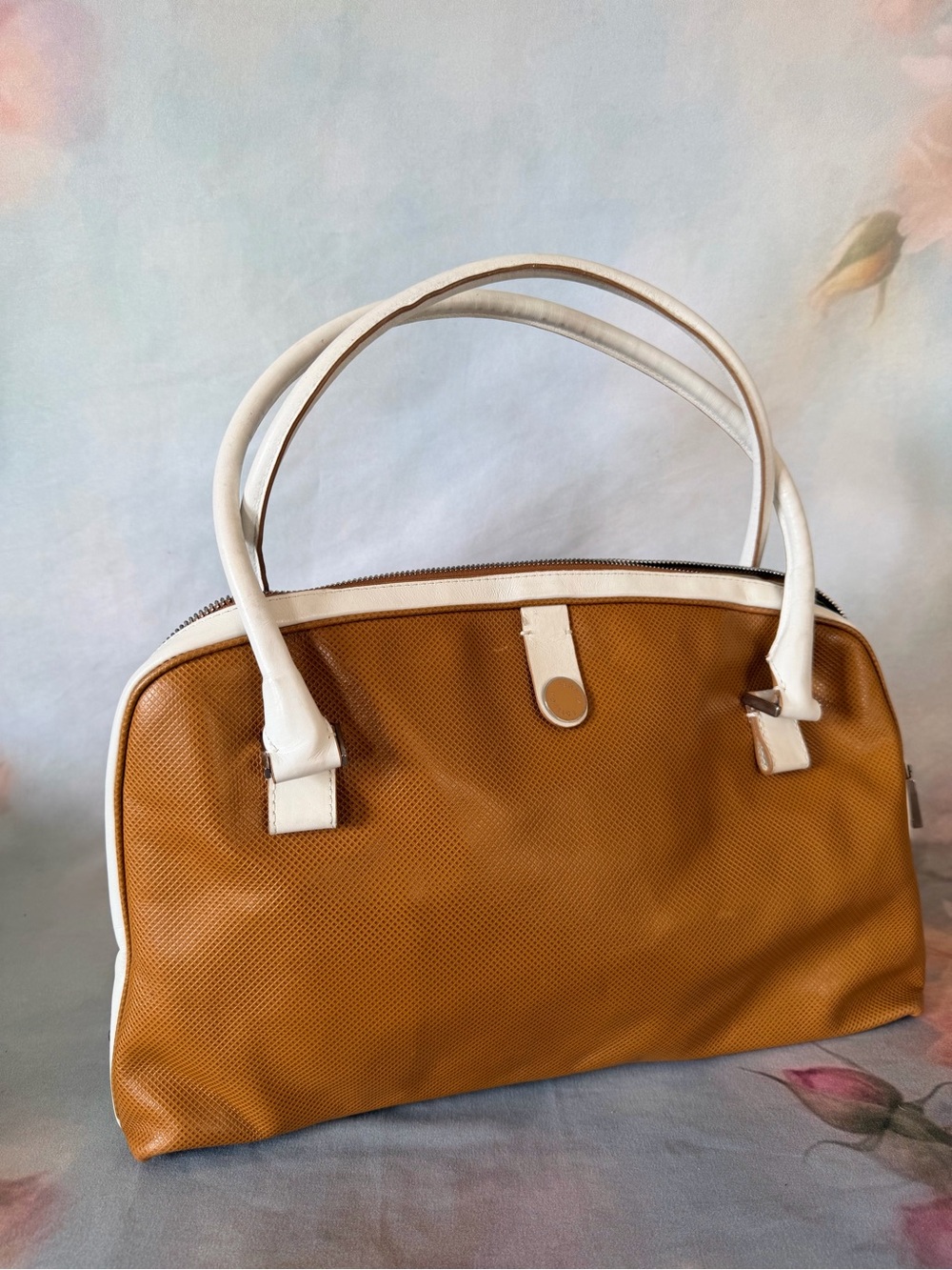 Bottega Veneta Tan Shoulder Bag with White Handles
